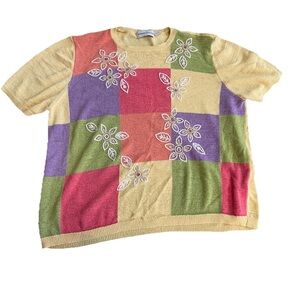 Alfred Dunner ladies XL yellow color block VTG 90s/Y2K‎ granny core knit top